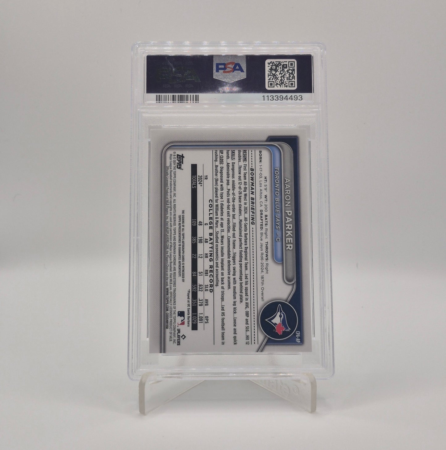 2024 Bowman Draft Aaron Parker Yellow /75 PSA 10