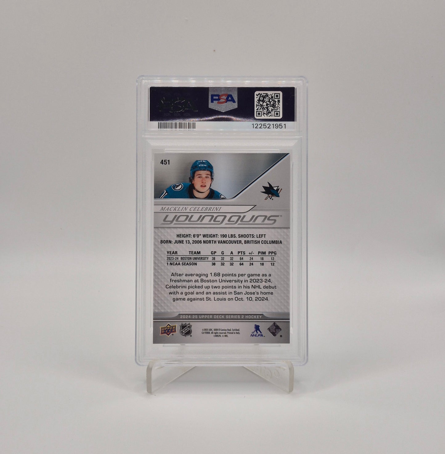 2024-25 Upper Deck Maklin Celebrini Young Guns PSA 9