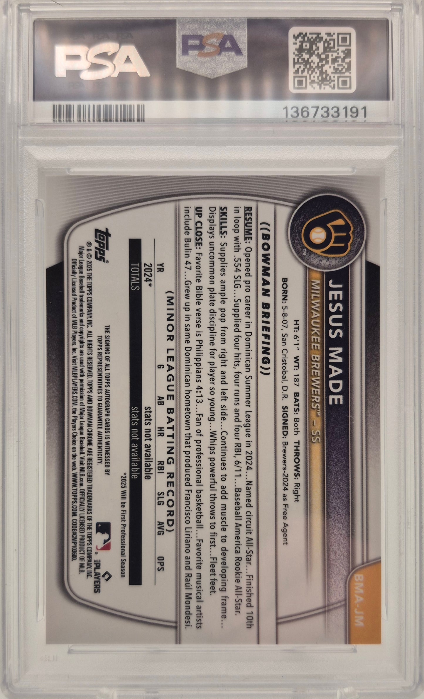 2025 Bowman Chrome Prospect Mega Box Autographs Jesus Made PSA 10