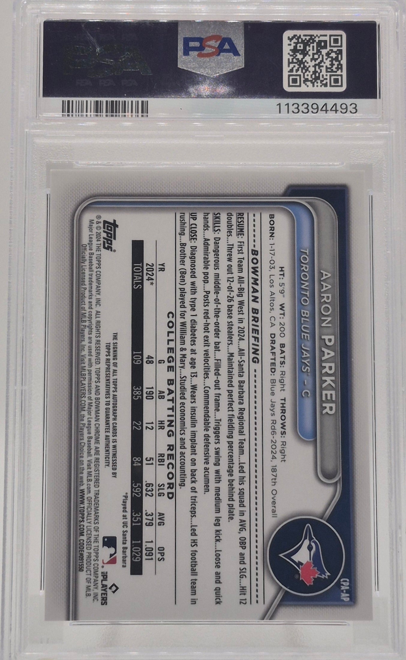 2024 Bowman Draft Aaron Parker Yellow /75 PSA 10