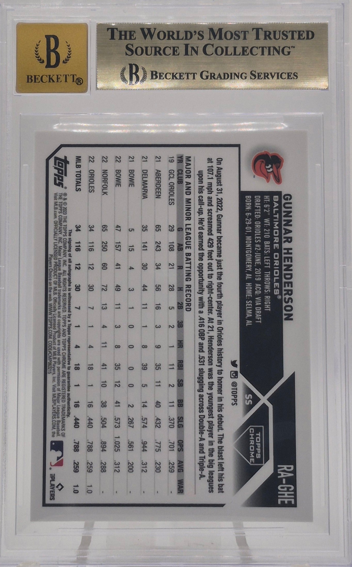 2023 Topps Chrome Gunnar Henderson /150 Blue Refractor BGS 9.5 Autograph 10