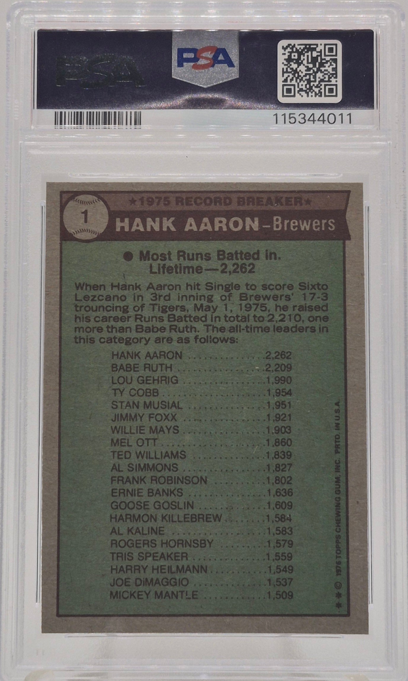 1976 Topps Hank Aaron Record Breaker PSA 7