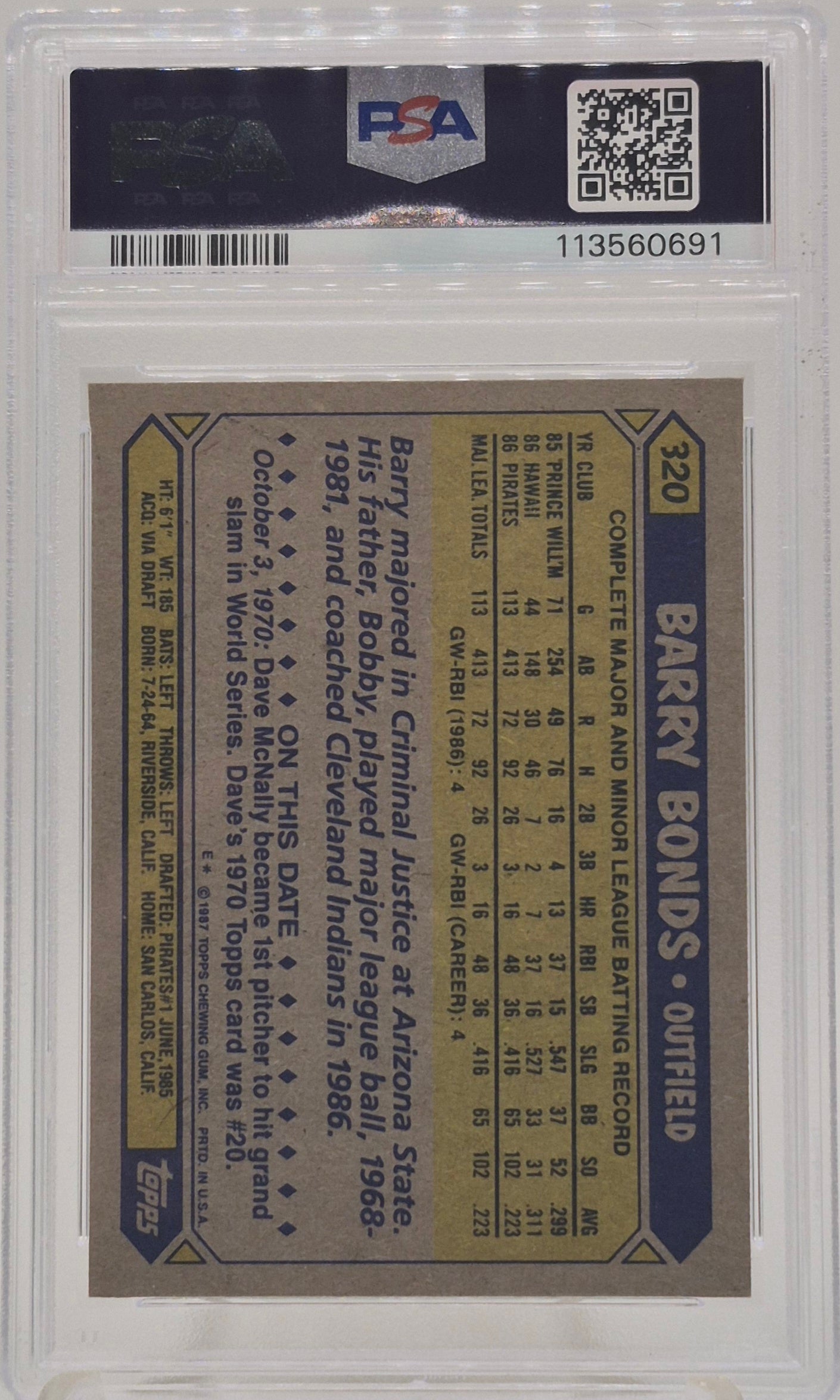 1987 Topps Barry Bonds PSA 9