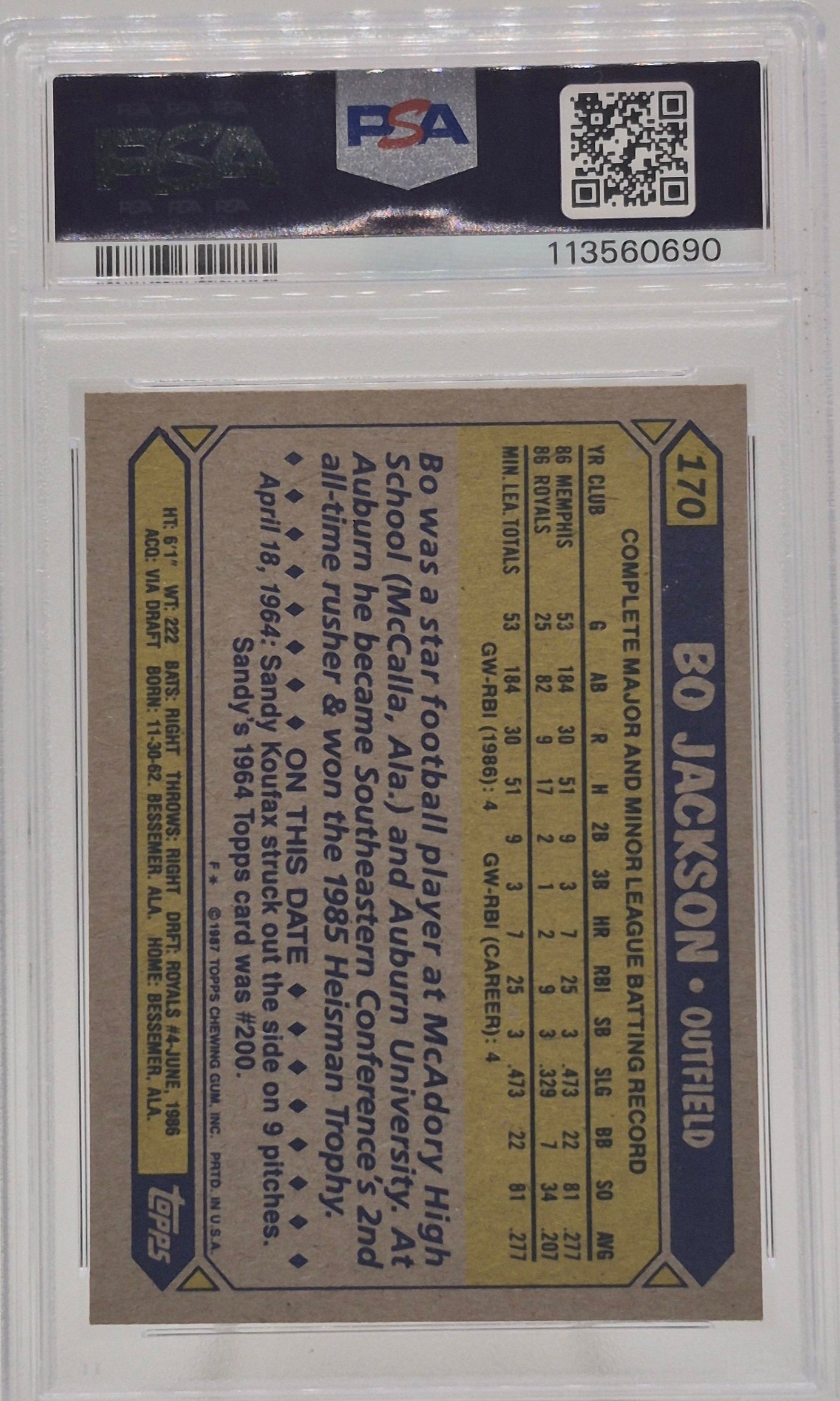 1987 Topps Bo Jackson Future Stars PSA 8