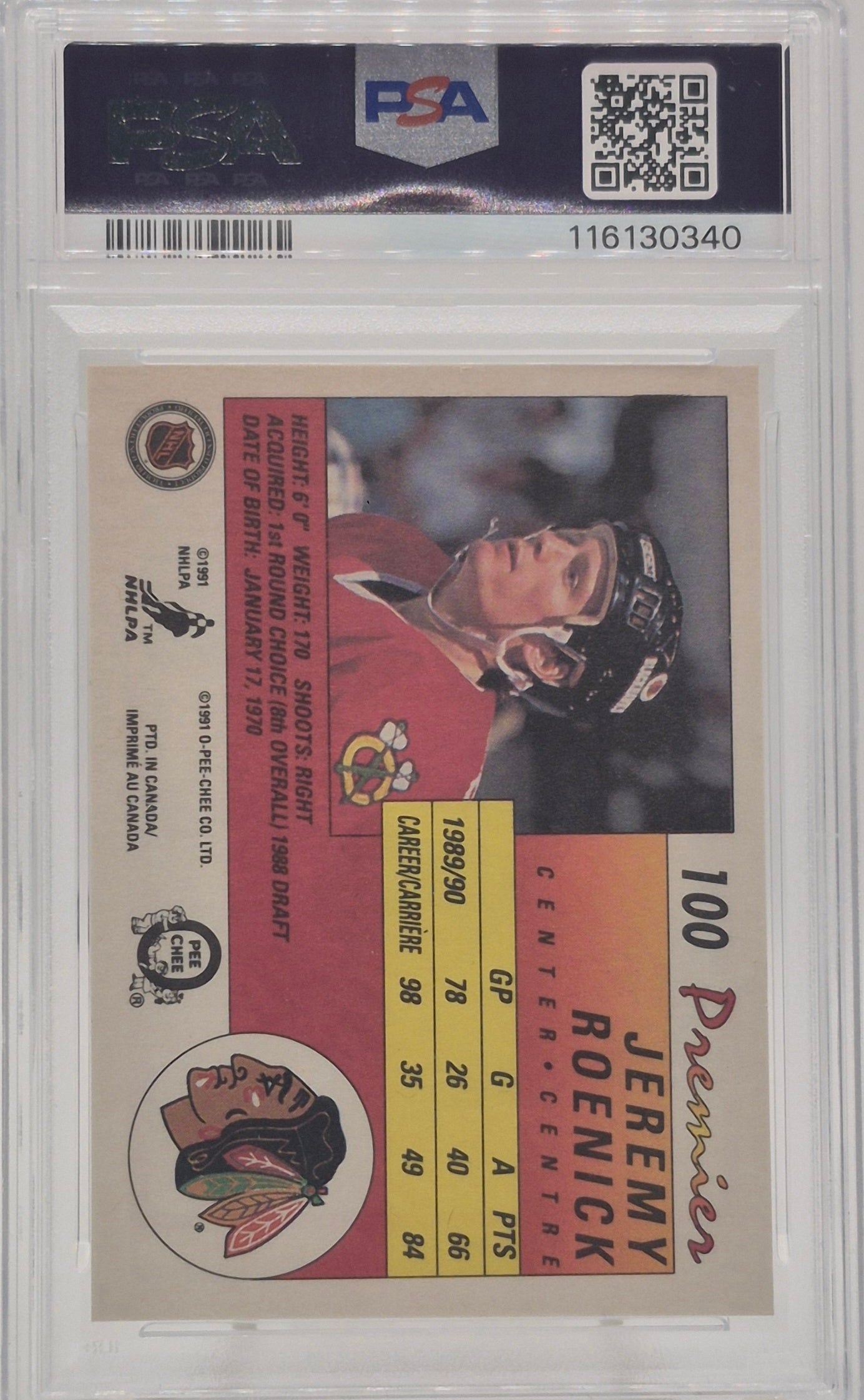 1990 O-Pee-Chee Premier Jeremy Roenick PSA 7