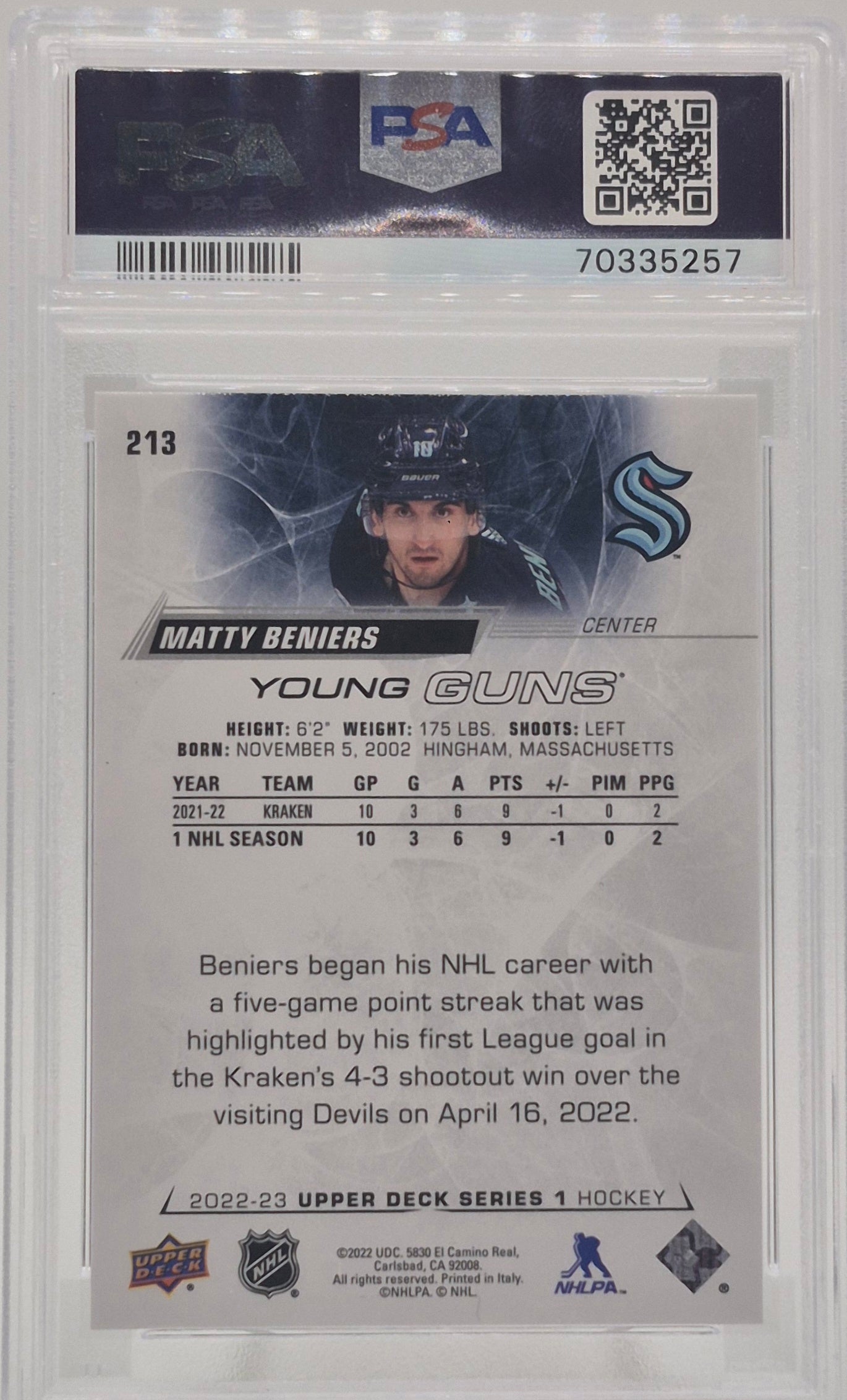 2022 Upper Deck Matty Beniers Young Guns PSA 9