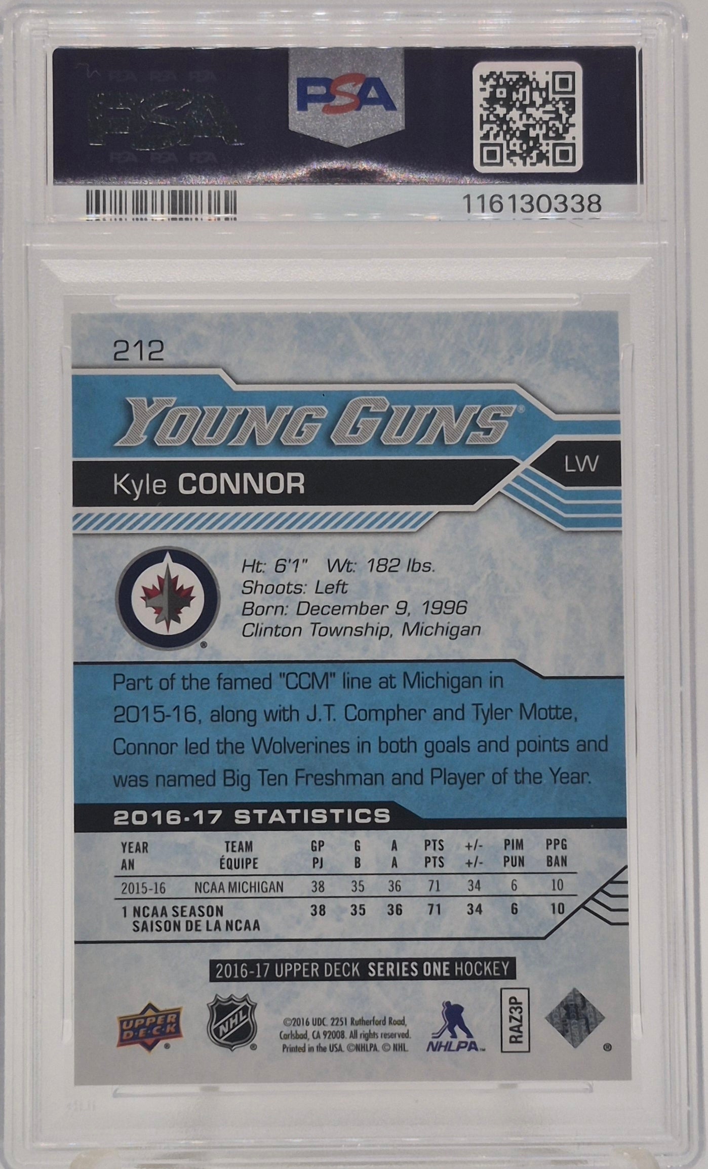 2016 Upper Deck Kyle Connor Young Guns PSA 10