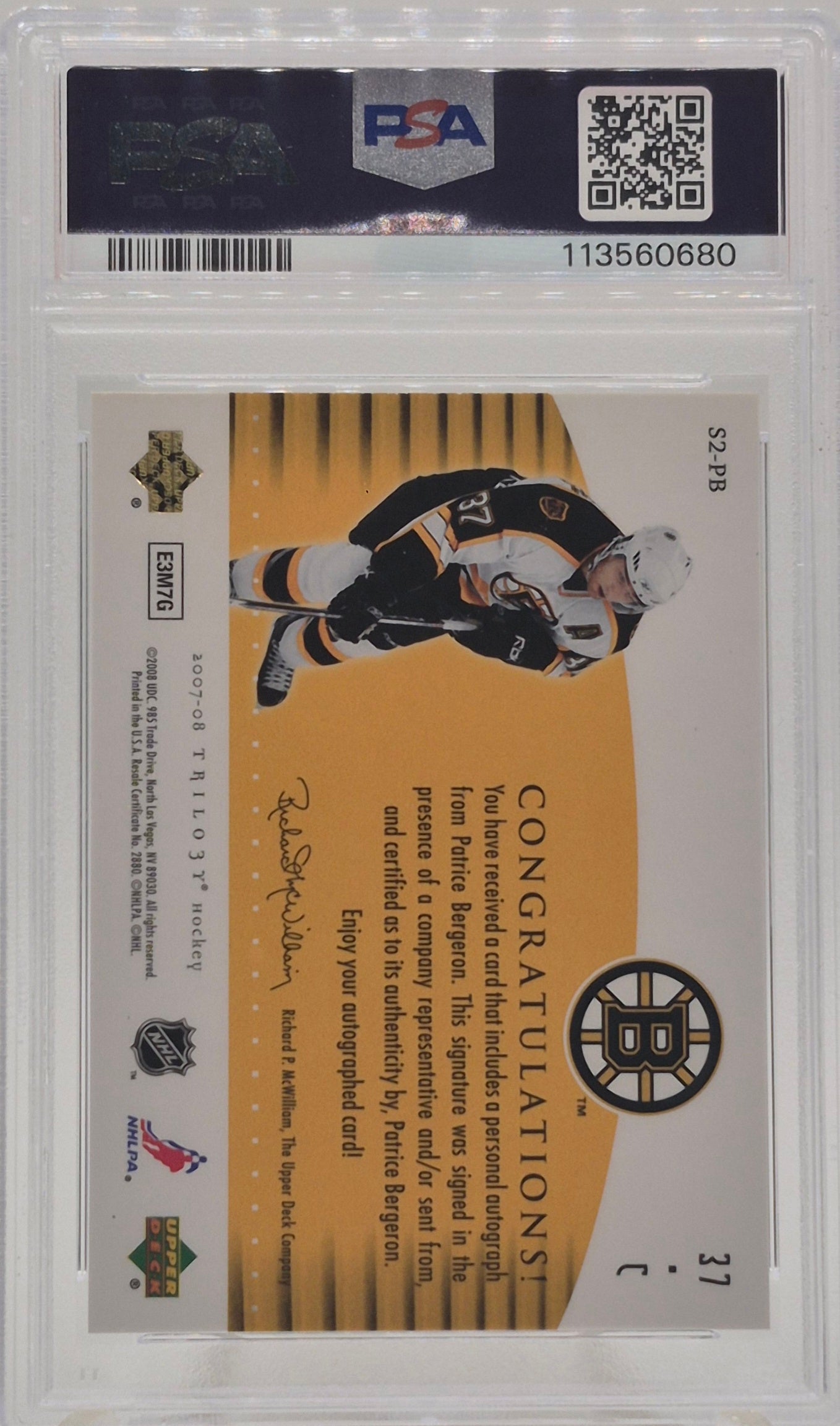 2007 U.D. Trilogy Scripts Patrice Bergeron PSA 9