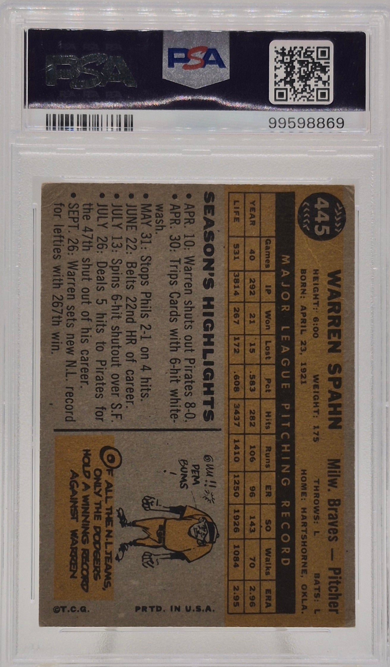 1960 Topps Warren Spahn PSA 1.5