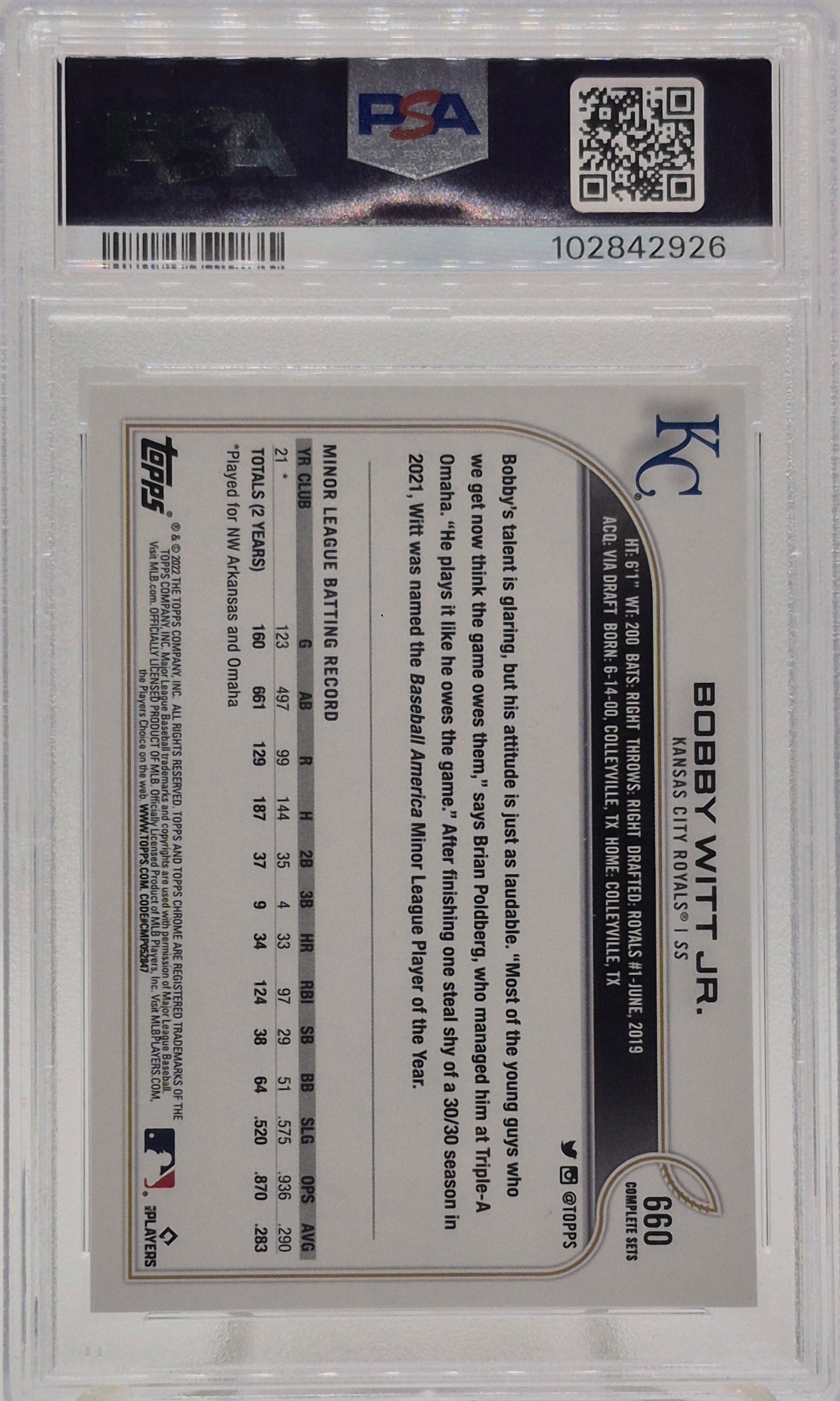 2020 Topps Complete Set Bobby Witt Jr. Variation PSA 10