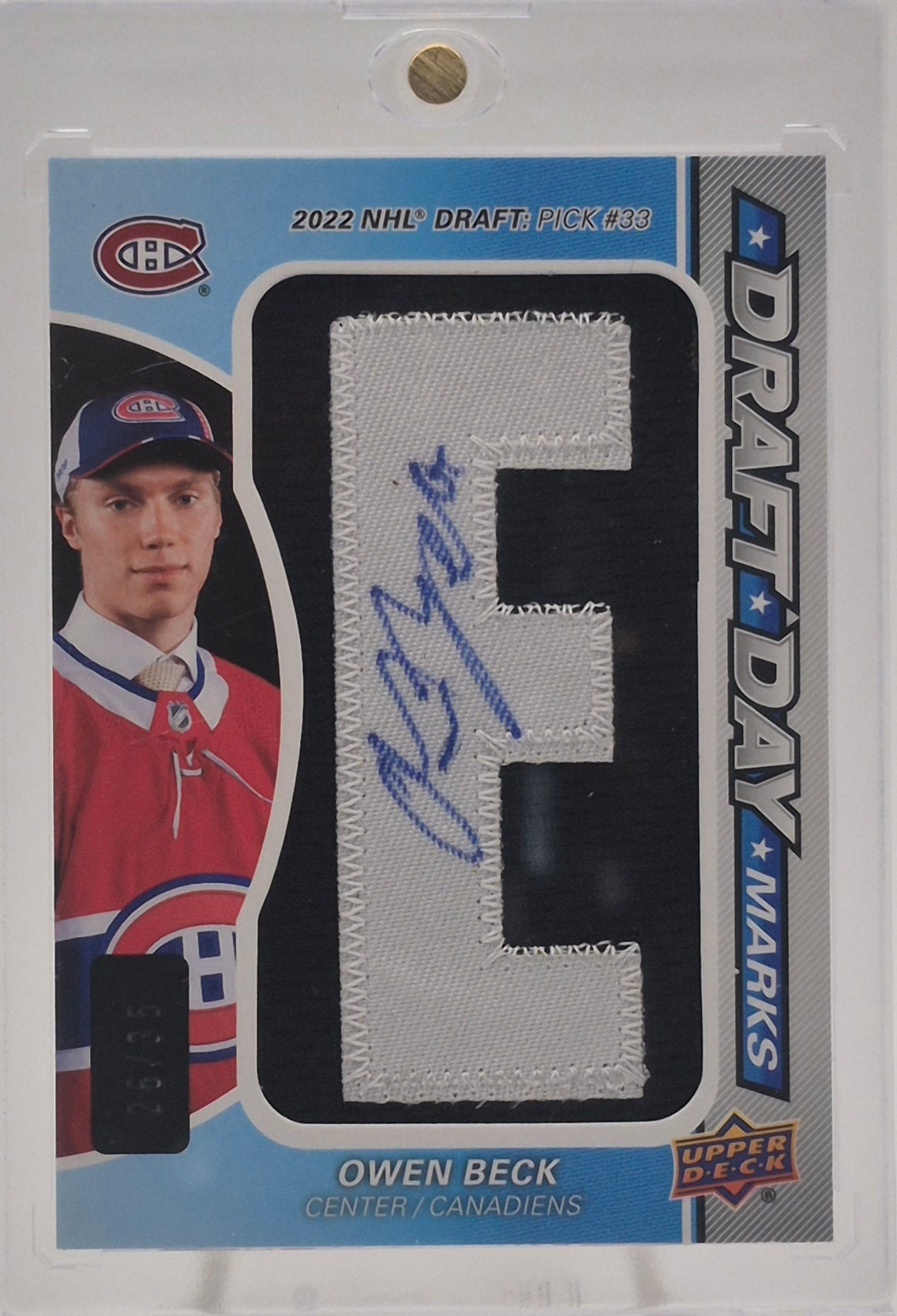 2023-24 SP Game Used Owen Beck Game Used Draft Day Marks Autograph /35