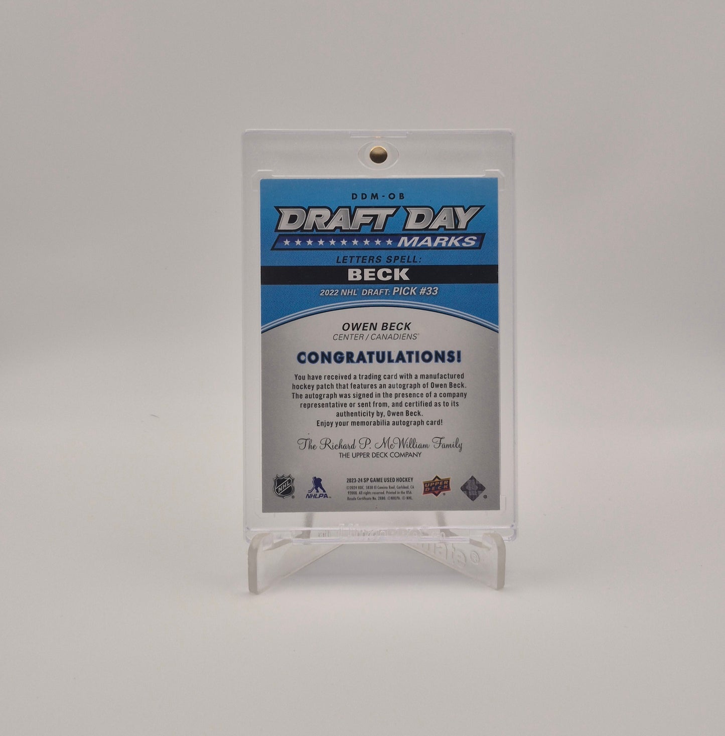 2023-24 SP Game Used Owen Beck Game Used Draft Day Marks Autograph /35