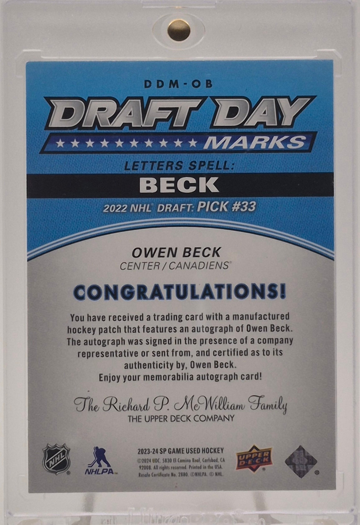 2023-24 SP Game Used Owen Beck Game Used Draft Day Marks Autograph /35