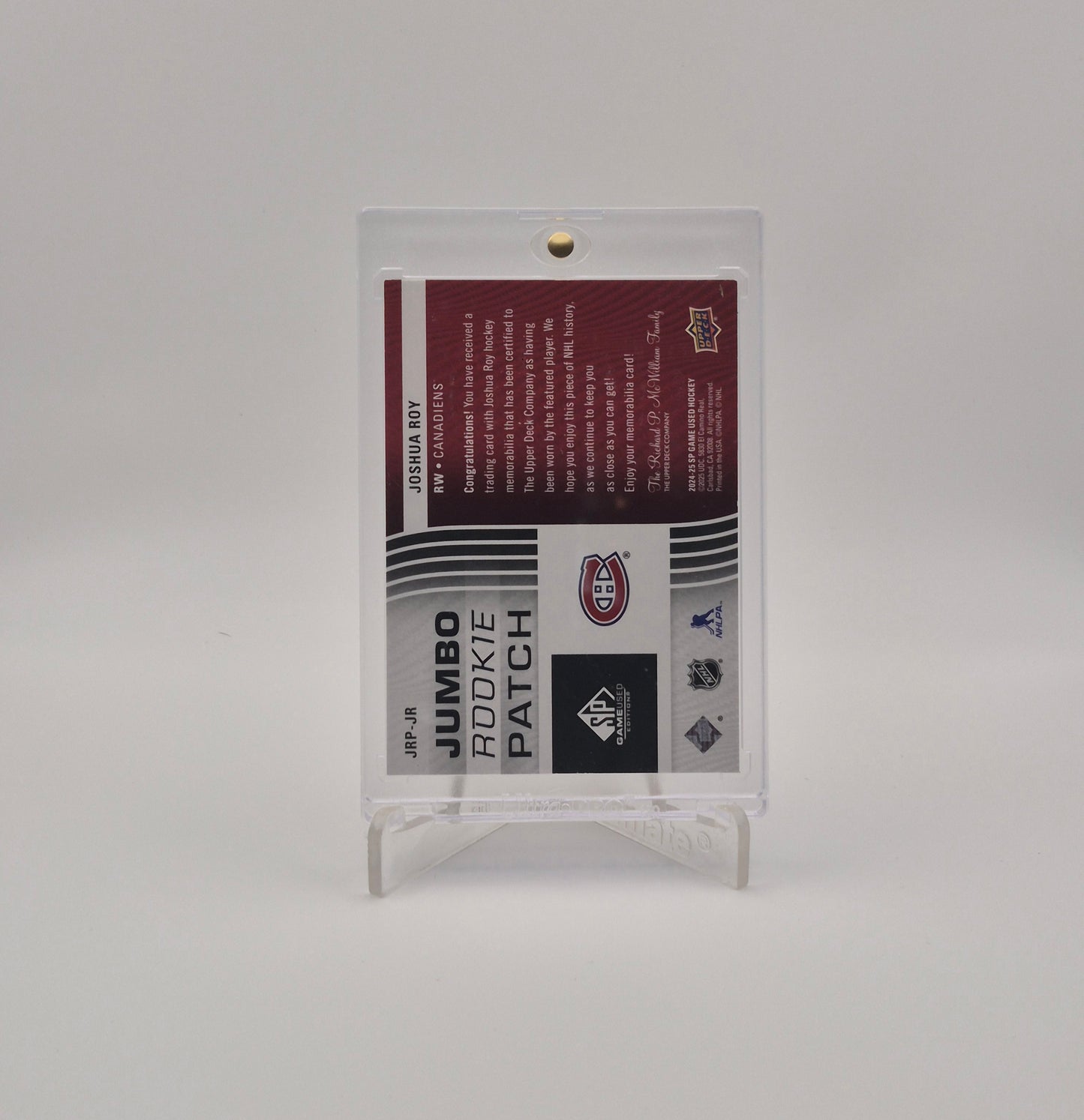 2024-25 SP Game Used Hockey Joshua Roy Jumbo Rookie Patch /25