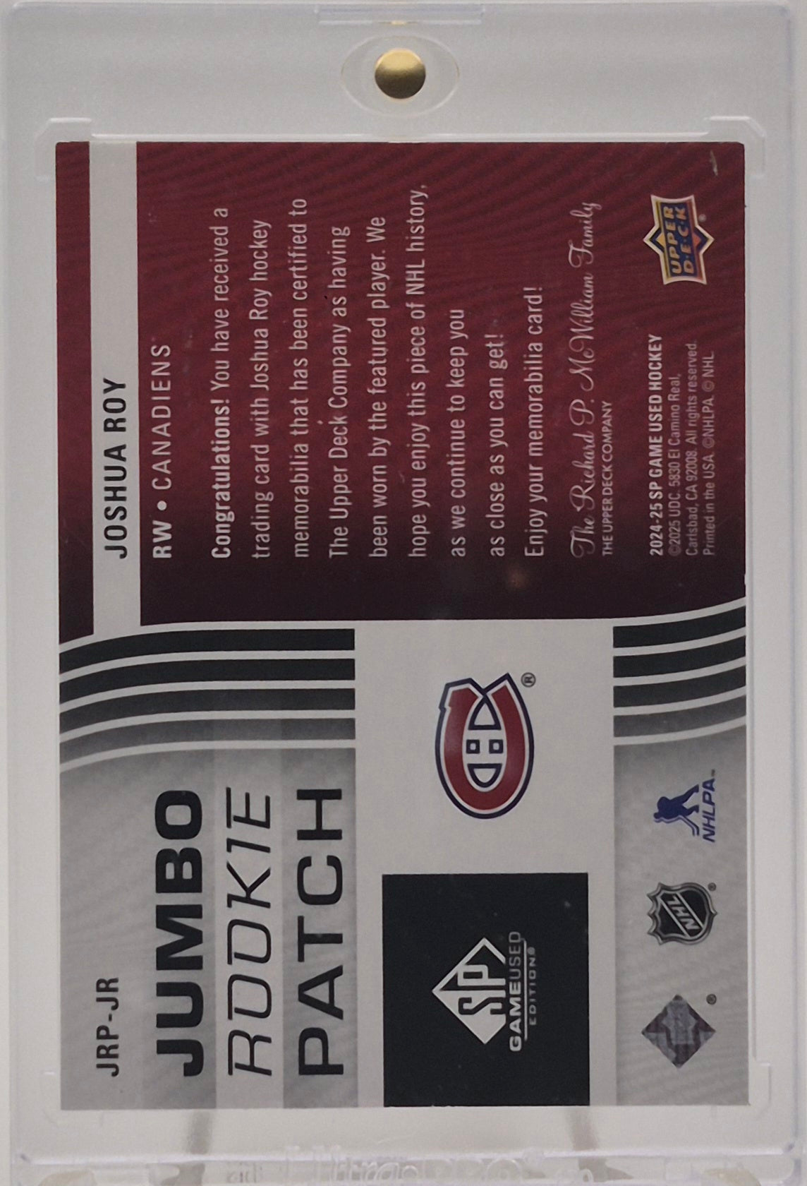 2024-25 SP Game Used Hockey Joshua Roy Jumbo Rookie Patch /25