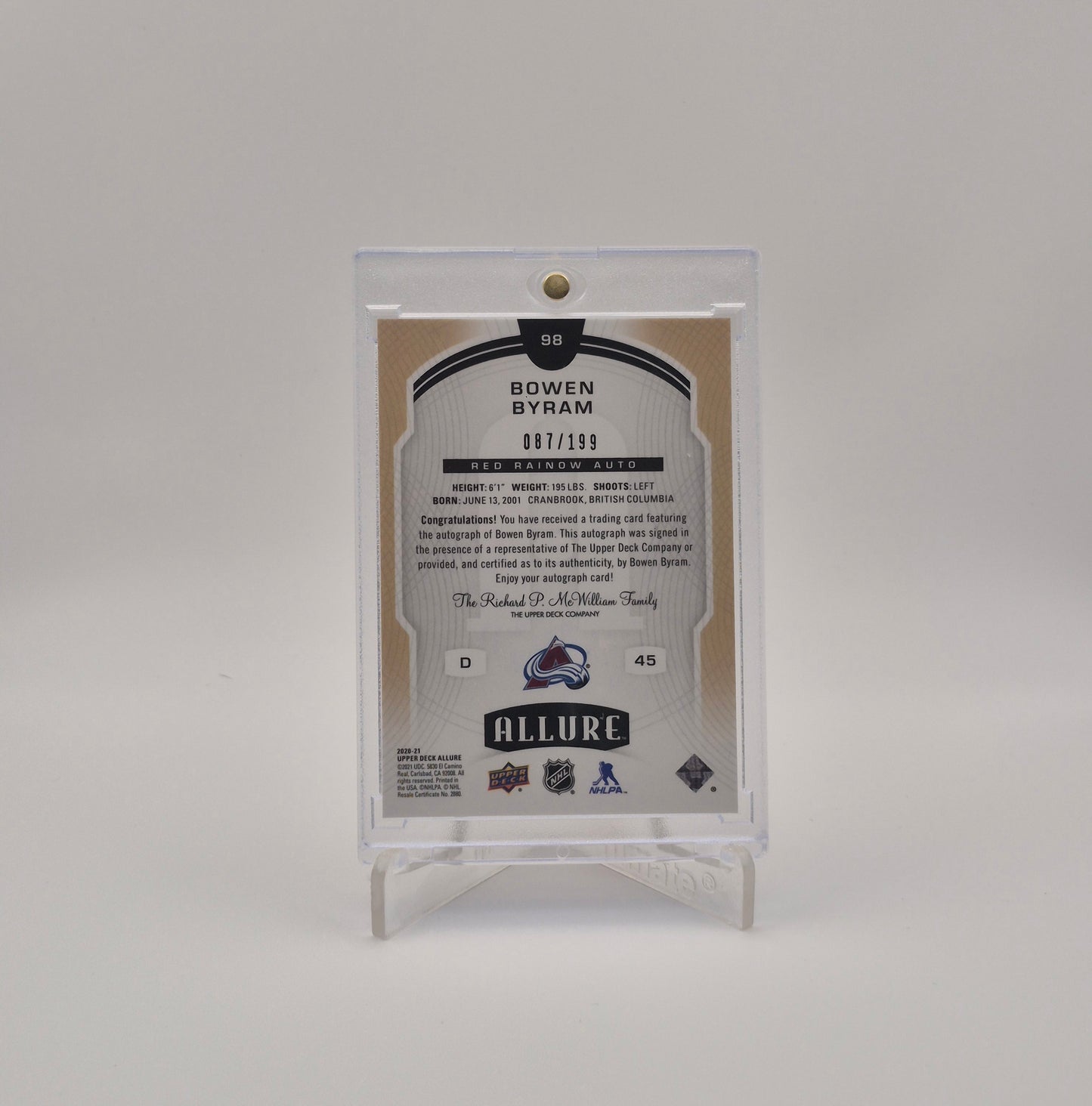 2020-21 Upper Deck Allure Bowen Byram Red Rainbow Autograph /199