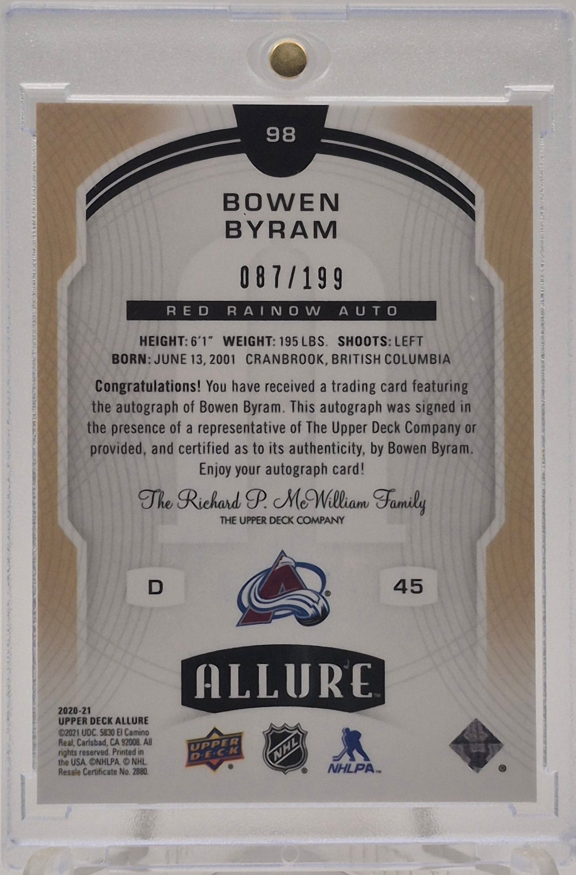 2020-21 Upper Deck Allure Bowen Byram Red Rainbow Autograph /199