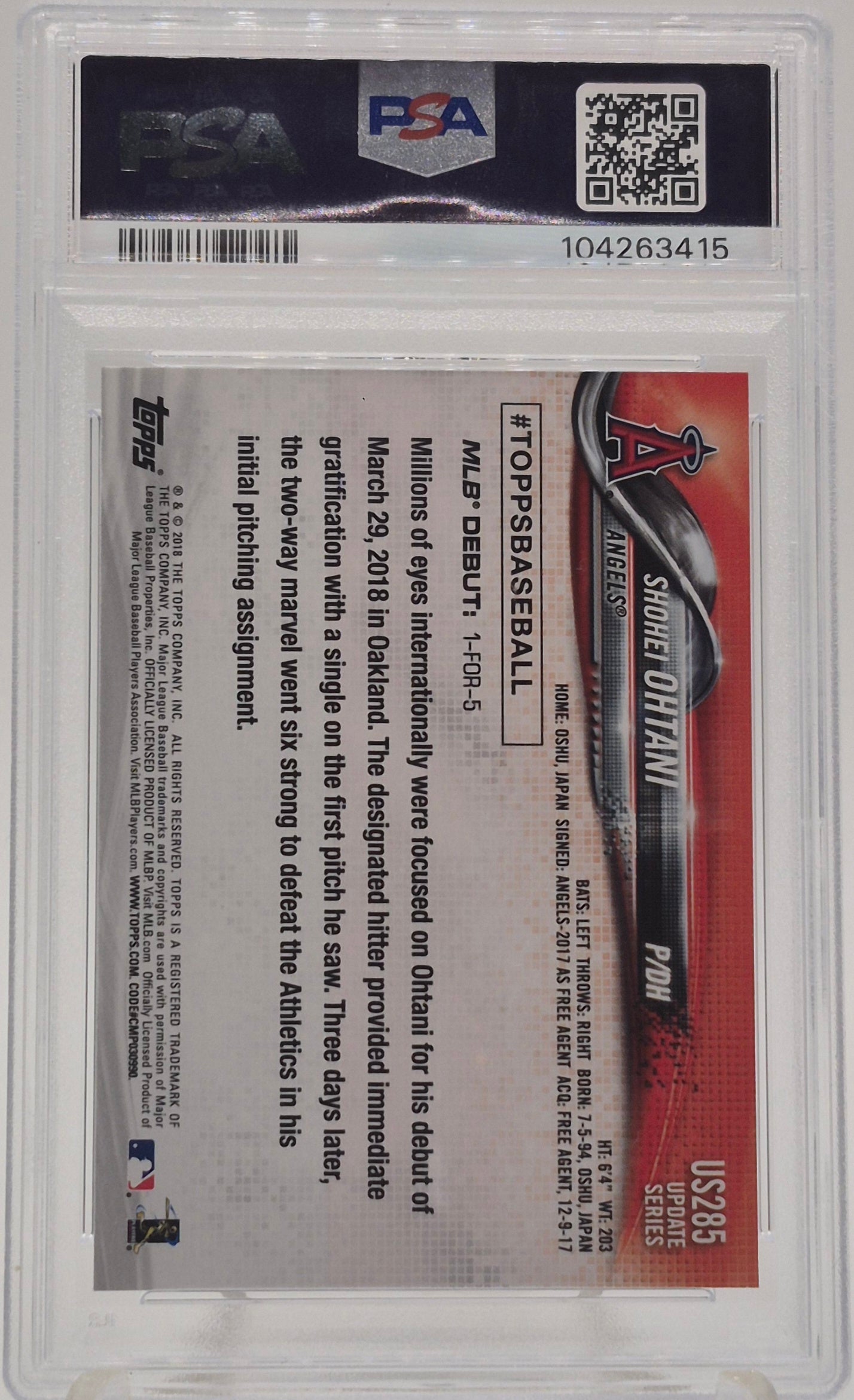 2018 Topps Update Shohei Ohtani Rookie Debut PSA 10
