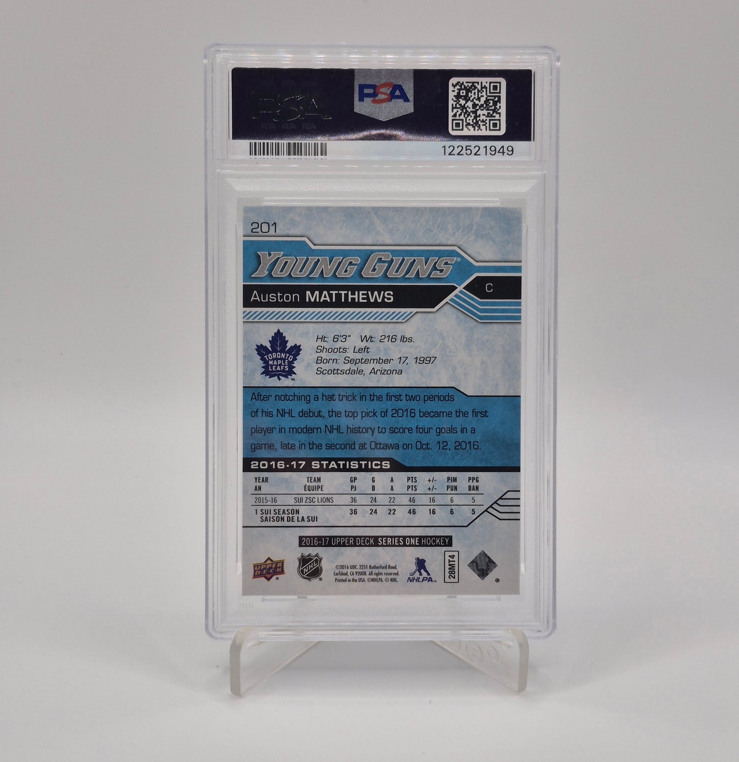 2016-17 Upper Deck Auston Matthews Young Guns PSA 9