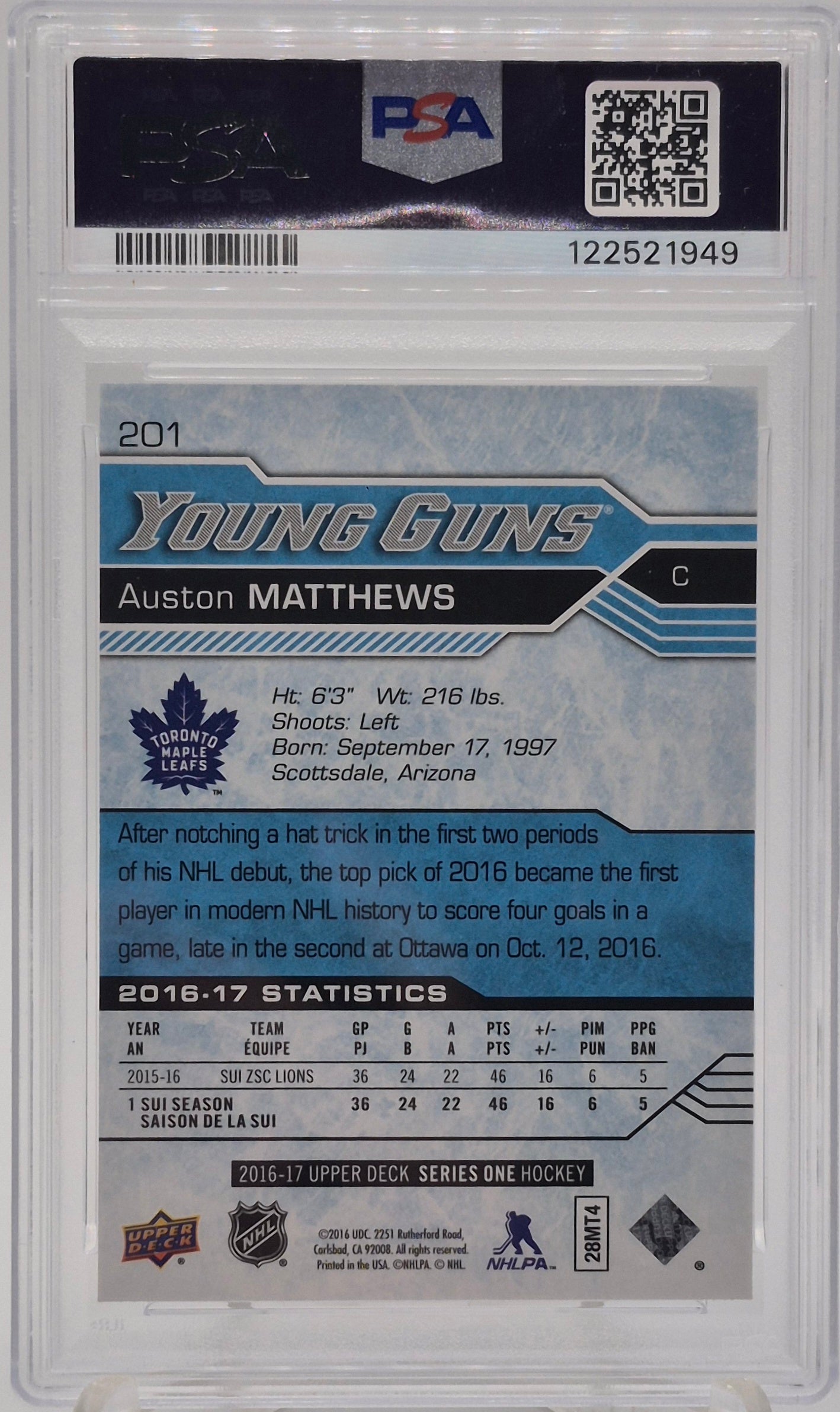 2016-17 Upper Deck Auston Matthews Young Guns PSA 9