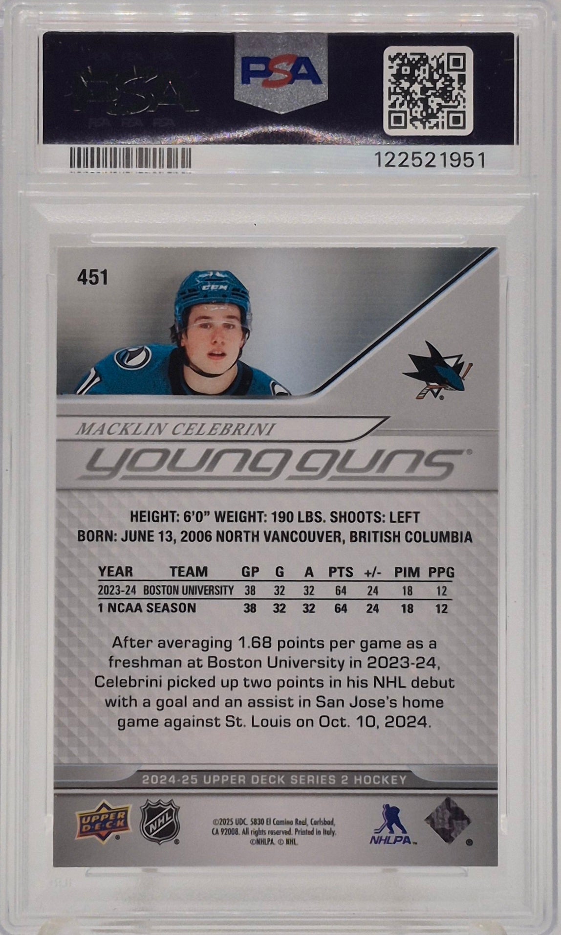 2024-25 Upper Deck Maklin Celebrini Young Guns PSA 9